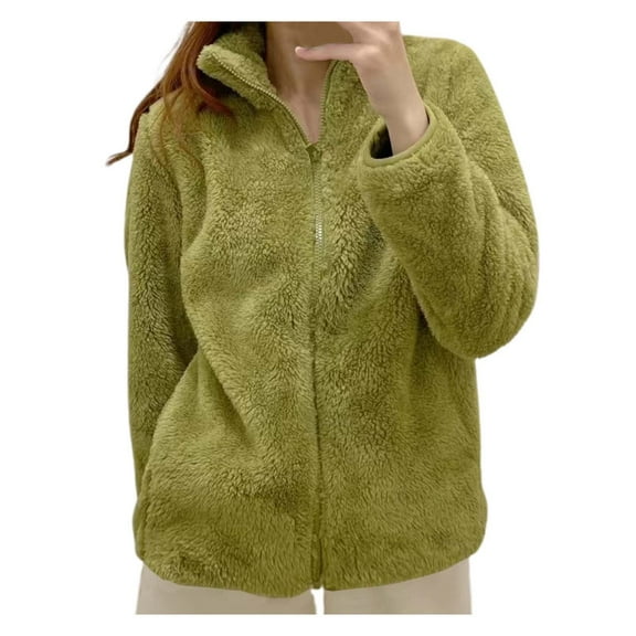 Women's Solid Color Jacket with Collar Zip Up Cozy Warm Outerwear for Cold Weather Comfort