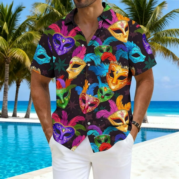 Blusa y camisa de manga corta con cuello vuelto para hombre, camisa de cuello abotonado con estampado de carnaval, blusa de longitud media para hombre