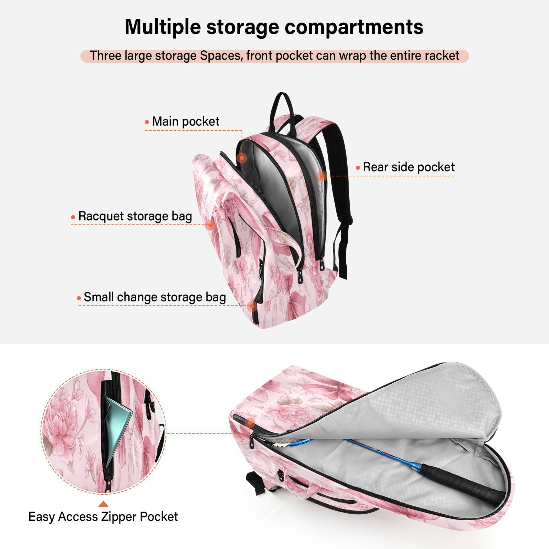 2 Racquet Holder Tennis Backpack Tennis Racket Covers Gym Bags Pink Bows and Peony Flowers