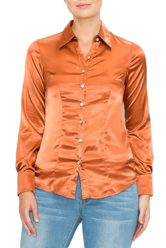 J. METHOD Women's Satin Button Down Shirt Long Cuff Sleeve Collar Silky