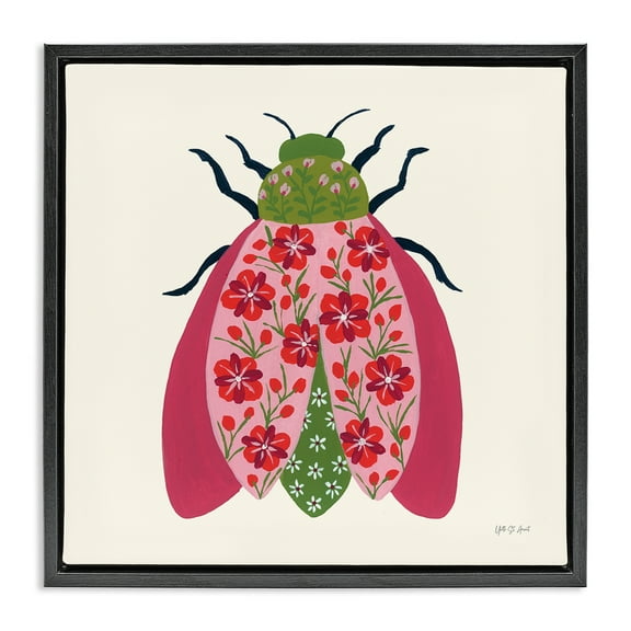 Stupell Industries Pink & Green Blooming Beetle Insects Painting Black Floater Framed Canvas Art Print Wall Art, 18 x 18