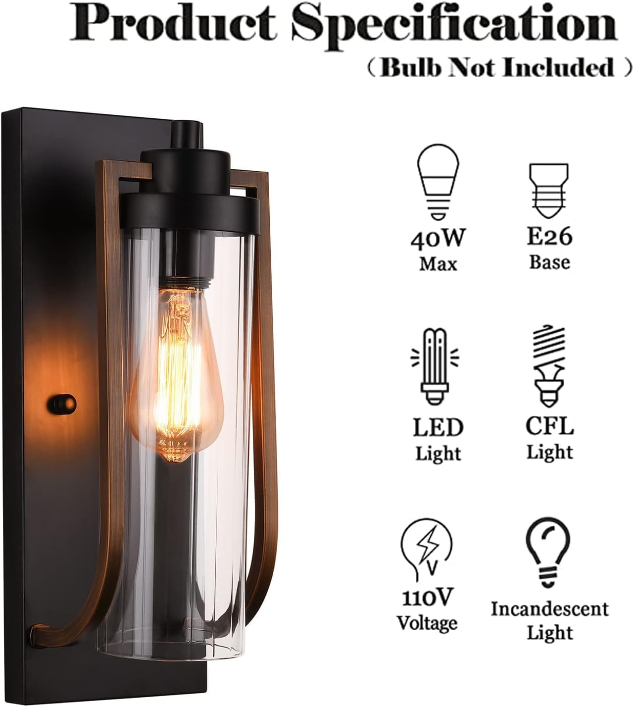 Modern Farmhouse Wall Light Fixture Wall Sconce, Outdoor Black and Gold Aged Brass Exterior Lantern Sconce Lighting, Porch Lights Wall Mount, Bathroom Light Fixtures Wood Grain Finish(E26 Base)