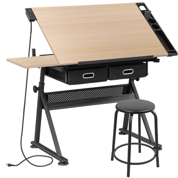 WSSYzyzf Adjustable Drafting Table with Stool, 9-Level Angle Adjustment Drawing Desk for Arts, Crafts, and Design, Natural Wood Finish for Artists and Architects