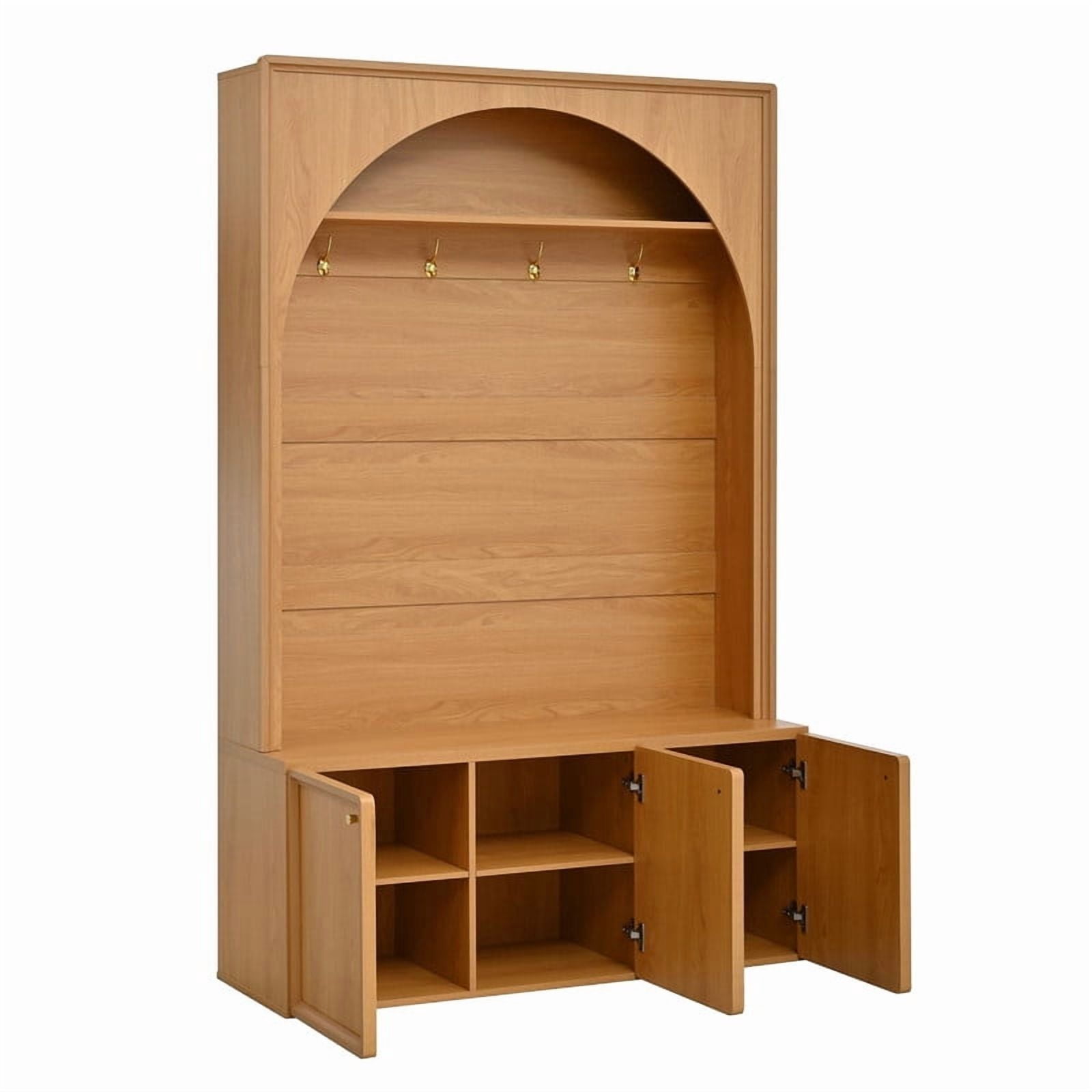 Farmhouse Arched Design Hall Tree with Adjustable Shelves, Entryway Storage Bench with 3 Cabinets, Mudroom Coat Rack Organizer with 4 Golden Hooks