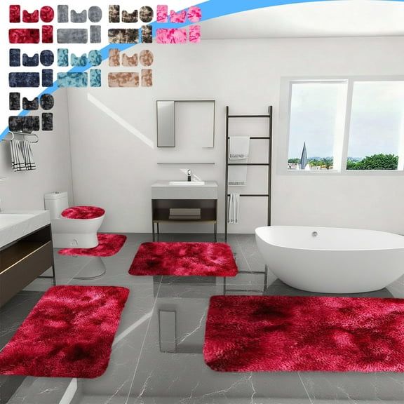 Tie Dye Bath Mat Set, 5-Piece Plush Long Hair Bathroom Carpets, Universal Toilet Rugs, Soft Water Absorbent, Non-Slip Thick Washable, Easy Dry, Vibrant Mixed Colors for Home Comfort