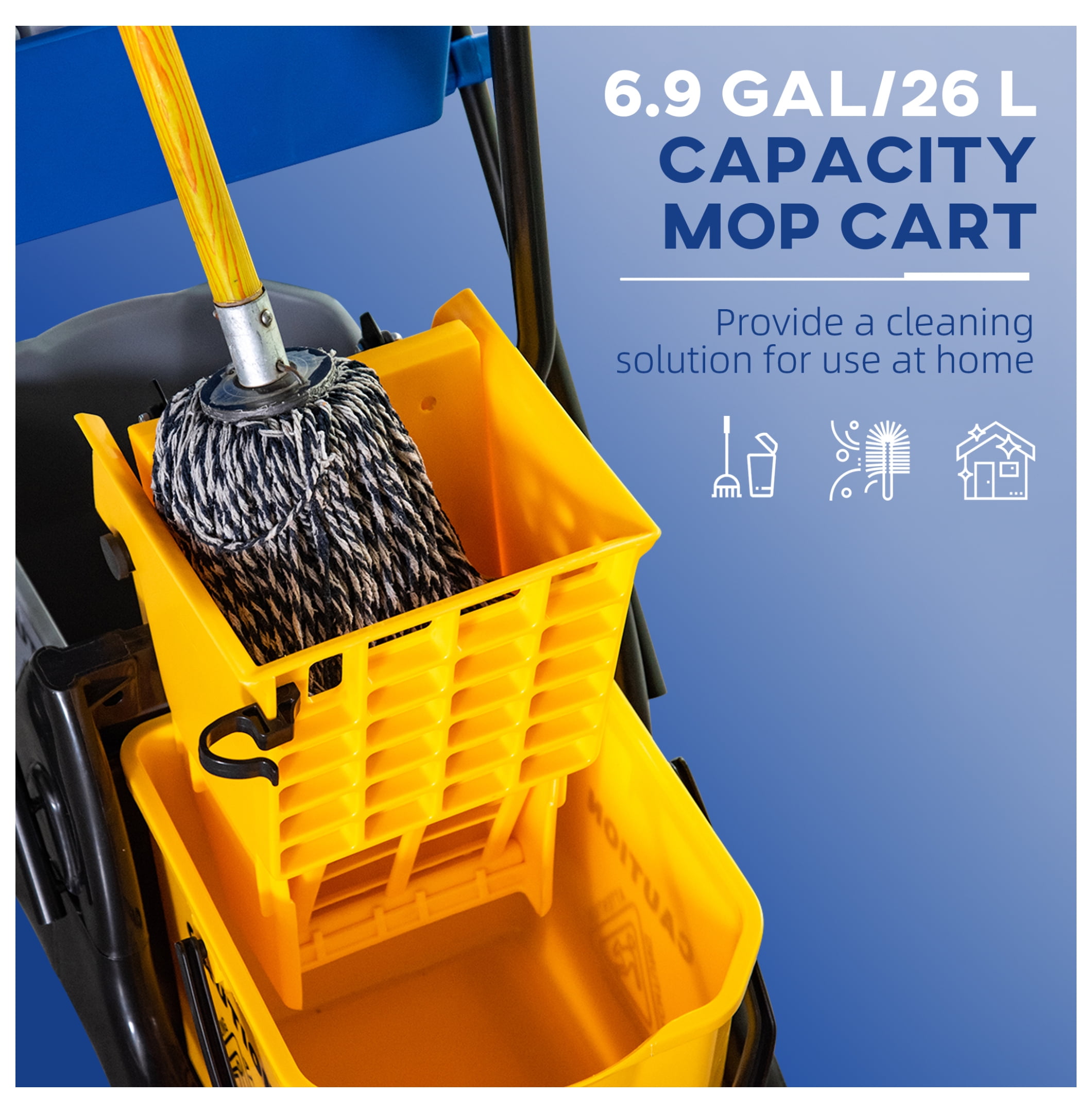 6.9 Gallon Mop Water Bucket Wringer Cart with Easy to Use Side Press Wringer, Smooth Wheels, Mop-Handle Holder