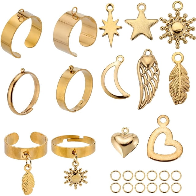 8 juegos de 36 anillos de acero inoxidable con dijes dorados, anillos colgantes de metal con forma de estrella, luna y corazón 2024, dijes colgantes ajustables, anillo abierto de moda con estilo.