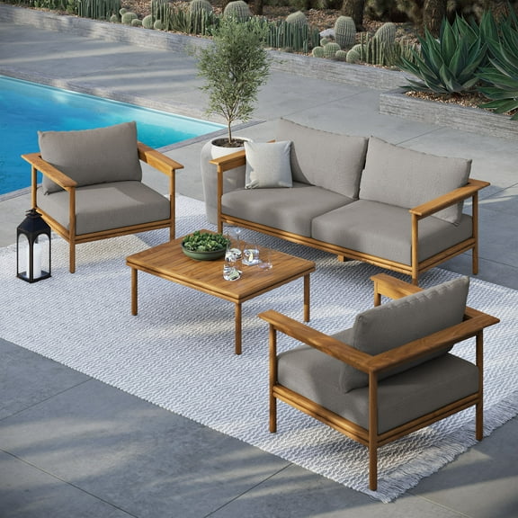 Modway Wren 4-Piece Outdoor Patio Teak Wood Furniture Set in Natural Driftwood
