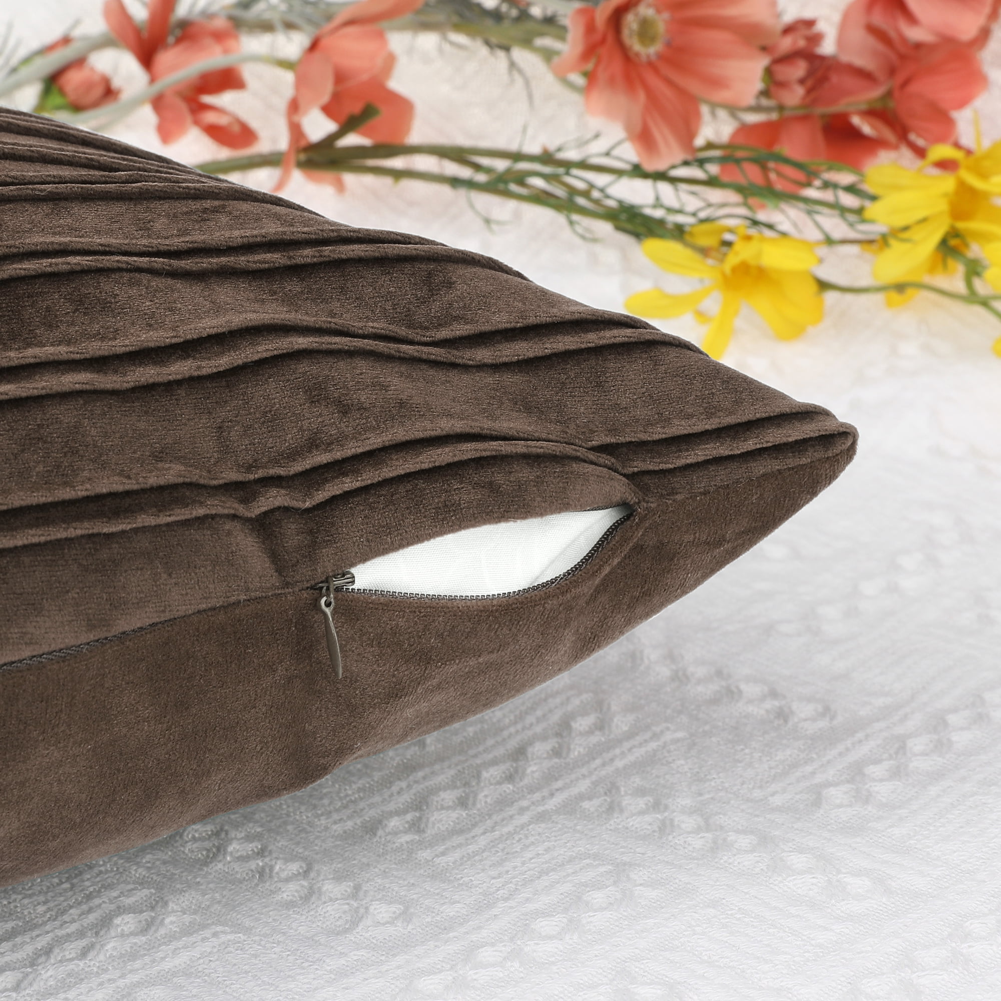 Unique Bargains 4 Pcs Velvet Striped Throw Pillow Covers Pleated Front Cushion Covers Brown 18" x 18"