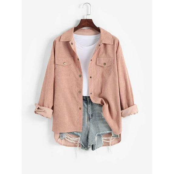 ZAFUL Corduroy High Low Flap Details Shacket Light Pink L