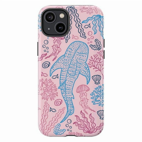 Whale Shark Ocean Phone Case, Pink & Blue Underwater Doodle Design iPhone Cover, Playful Sea Life Vibes for iPhone 16 15 14 13 12 11 Pro Max Plus Mini