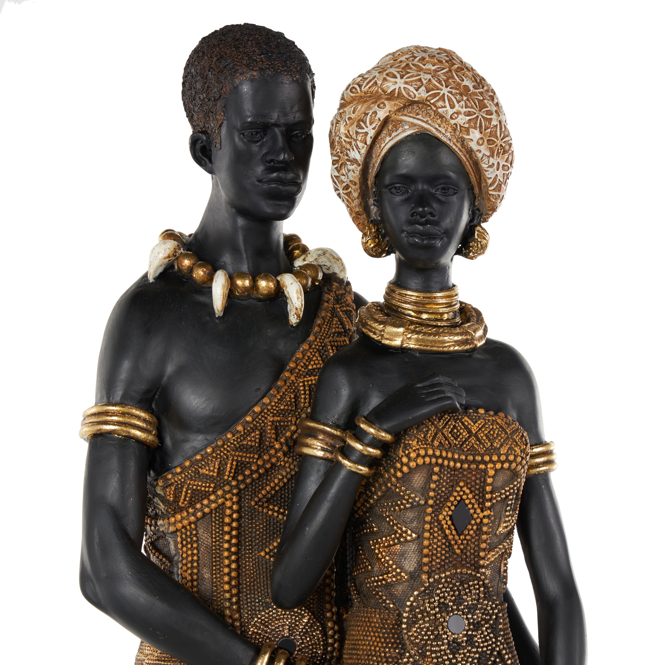 9" x 31" Black Resin Tall African Family Sculpture with Gold Jewels, by DecMode