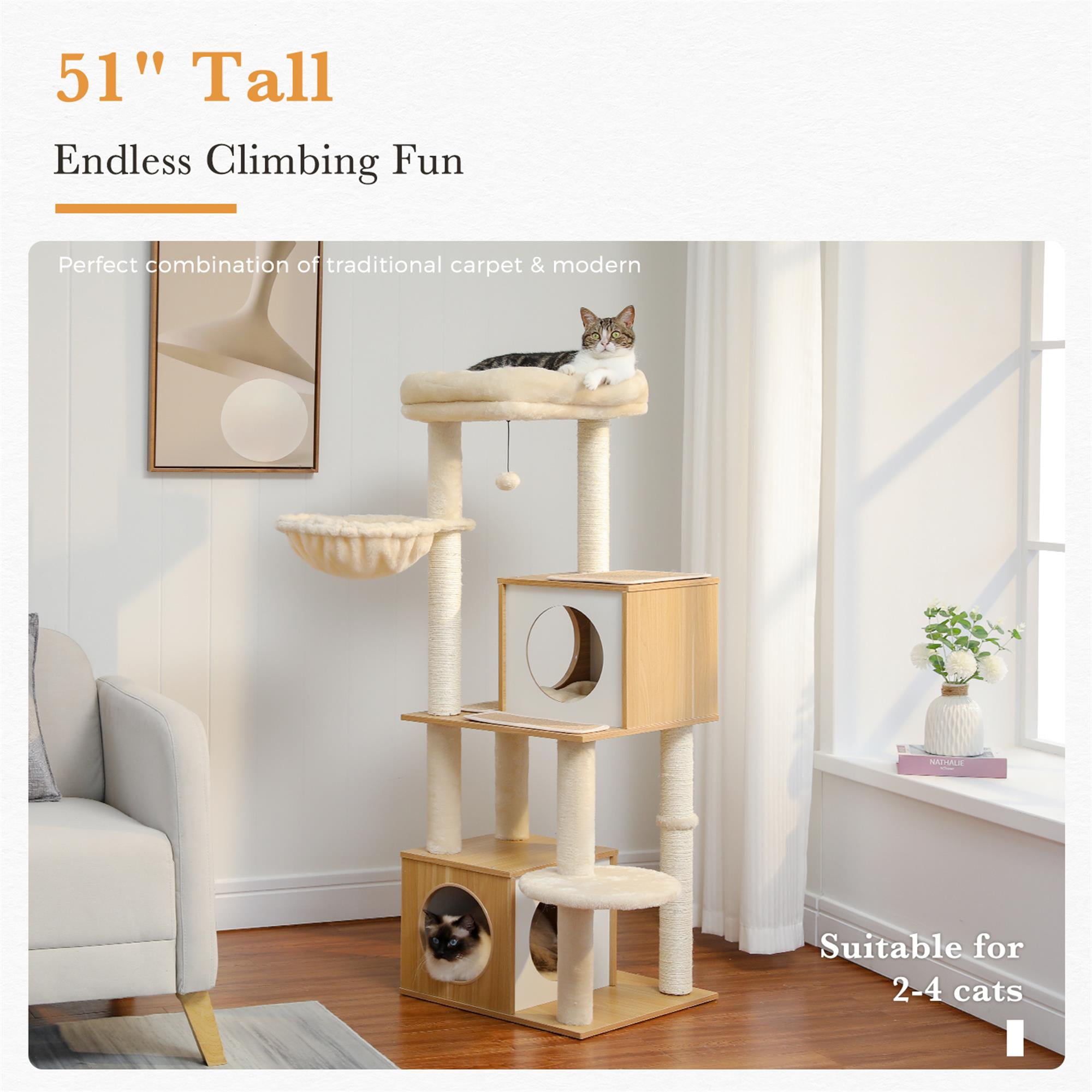 Kadyn 51" Modern Cat Tree Tower for Indoor Cats, Wood Condo with Hammock, Scratching Post and Removable Pads for Small Large Cats, Beige