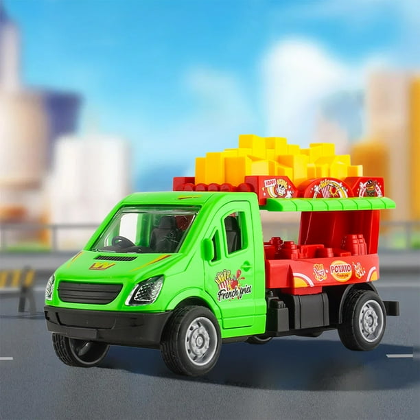 Coche de juguete inerte para niños, diseño de simulación de camión de hamburguesas y papas fritas con puertas que se abren, neumáticos de goma duraderos, no necesita batería.