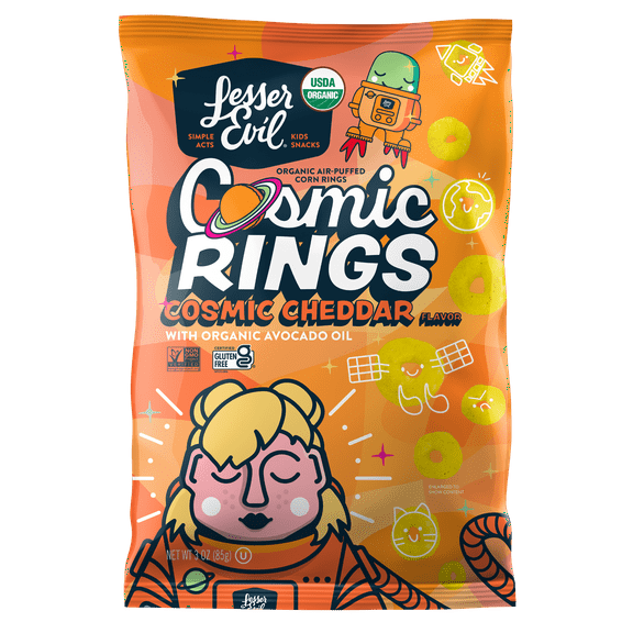 LesserEvil, Cosmic Cheddar with Avocado Oil, Air-Puffed, Cosmic Rings, Snacks for Toddlers, 3 oz