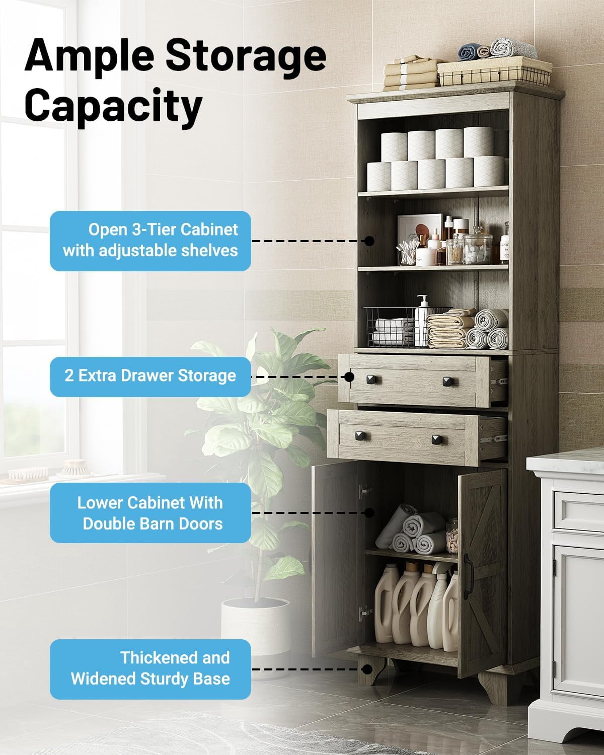 NEGYLIM 72" Tall Bathroom Storage Cabinet, Freestanding Cabinet with Adjustable Shelves, Large Bathroom Pantry Cabinet with 2 Drawers for Living Room, Kitchen, Dining Room, Office, Grey