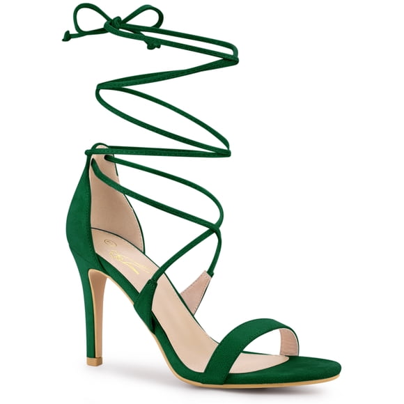 BLISSFUL STEP Women's Shoes Stiletto High Heel Ankle Wrap Tie Open Toe Faux Suede Sandals Emerald Green 5