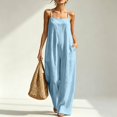 thumbnail image 5 of Women's Linen-Blend Sleeveless Jumpsuit - Spaghetti Strap Wide Leg Romper with Pockets, Loose Fit Casual One-Piece for Spring & Summer Blue S, 5 of 5