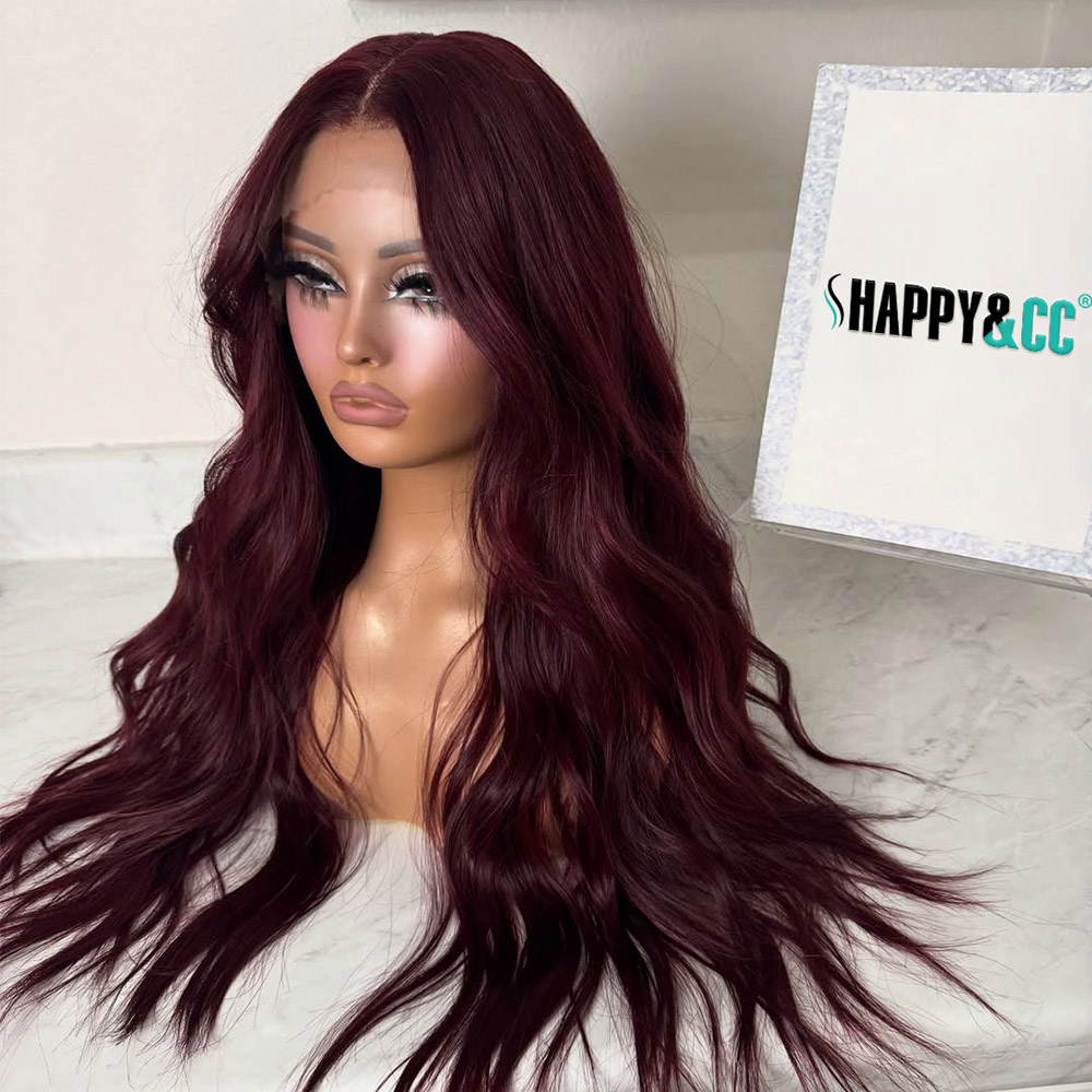 13x4 Lace Front Wig Burgundy Pre Plucked Natural Wave Synthetic Wigs for Women 26inch Beginner Friendly