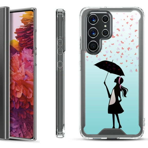 Shockproof Bumper Phone Case for Samsung Galaxy S22 Ultra 5G, by OneToughShield ® - Rain/Hearts