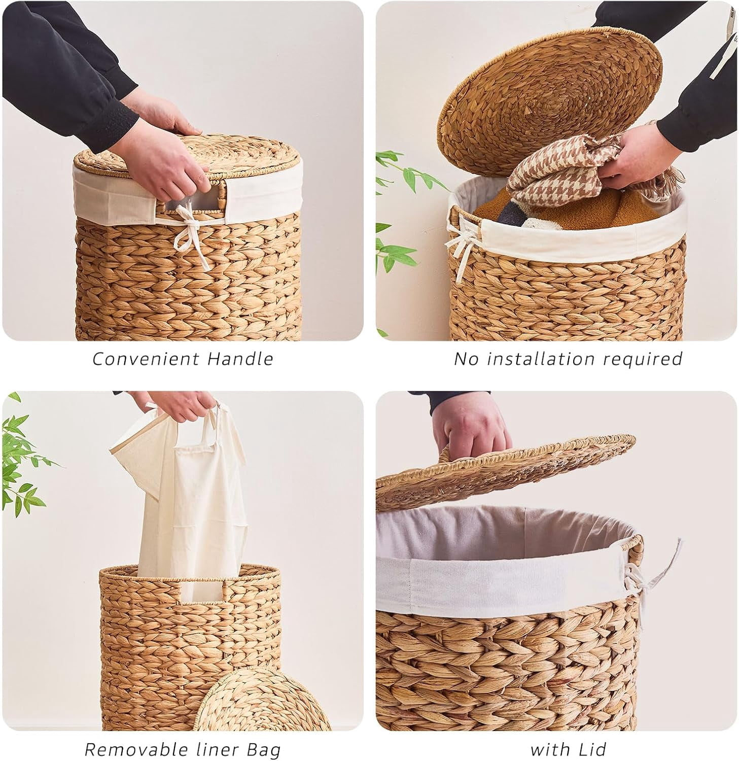 Casa Pura Furniture Handwoven Water Hyacinth Laundry Hamper with Lid, 60L Wicker Storage Basket with Handles for Home Organization, Bedroom Bathroom Use