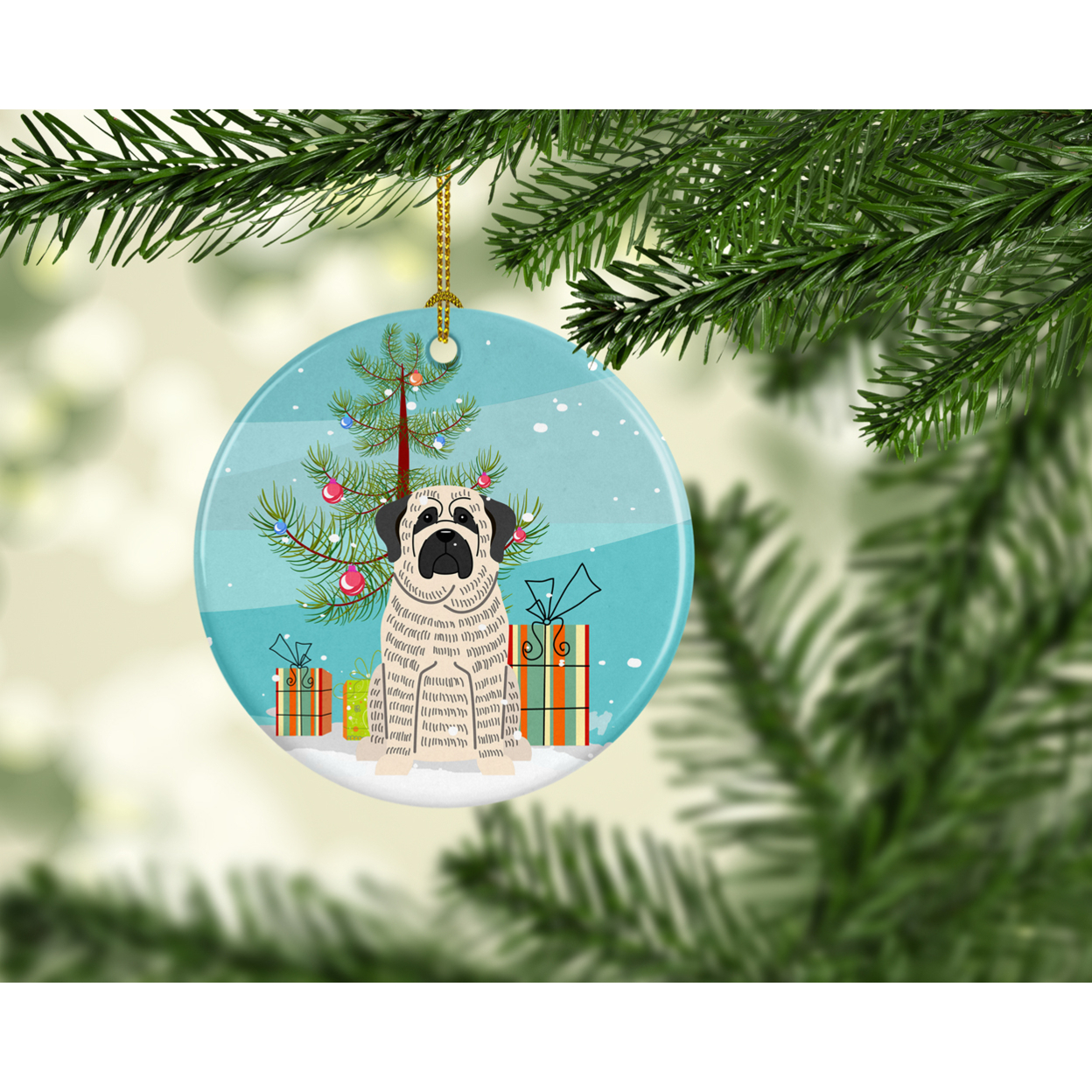 Carolines Treasures BB4141CO1 Merry Christmas Tree Mastiff Brindle White Ceramic Ornament 3 in multicolor