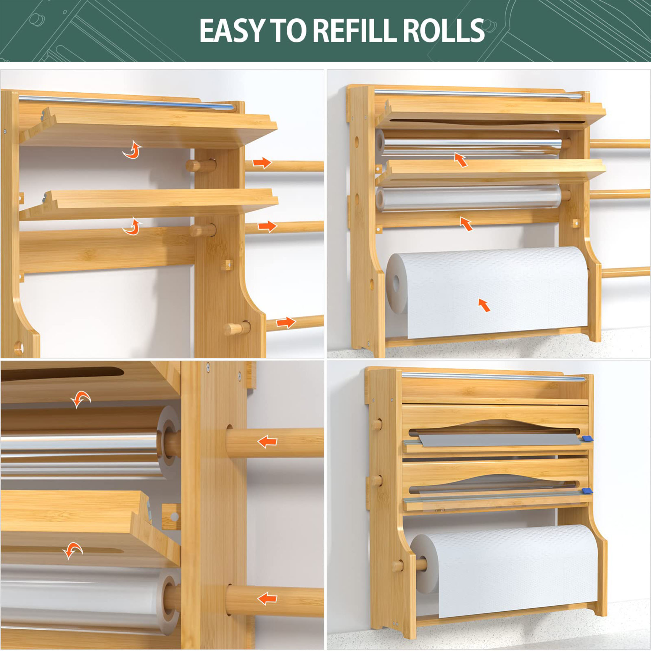 Bambloom Foil Plastic Wrap Organizer Dispenser,Wall Mounted Paper Towel Holder & Spice Shelf, 4 in 1 Bamboo Kitchen 12" Roll Dispenser with Cutter
