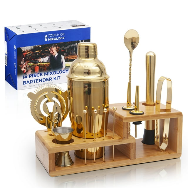 Touch of Mixology El Kit de Barman de Acero Inoxidable de 14 Piezas Incluye Coctelera (Dorada)