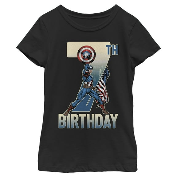 Girl's Marvel Captain America 7th Birthday  Graphic Tee Black Small