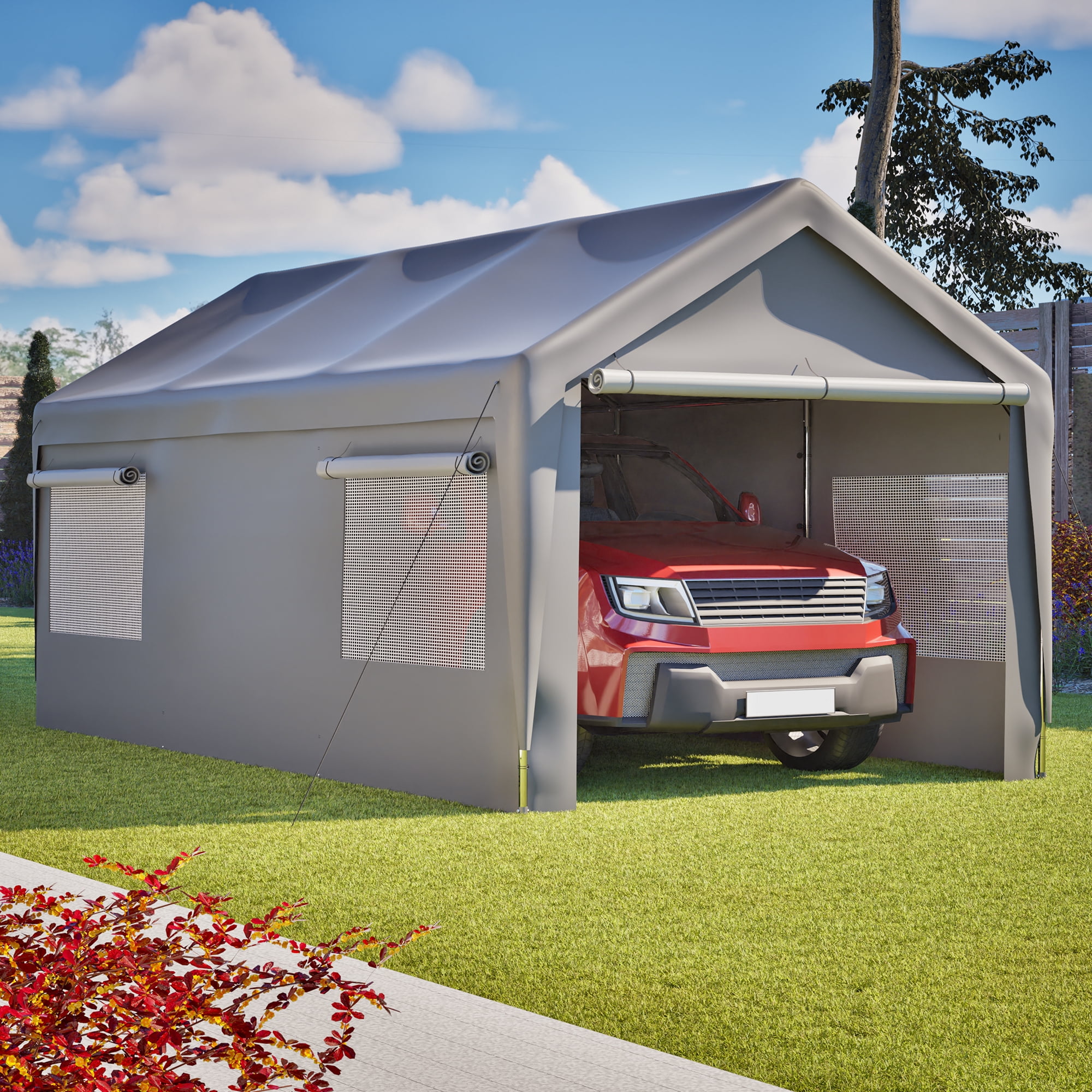 Residential Carports, Carport Canopy 10x20 FT Heavy Duty Boat Car Canopy Garage with Removable Sidewalls and Roll-up Ventilated Windows, Grey Outdoor Carports,Metal Portable Carports