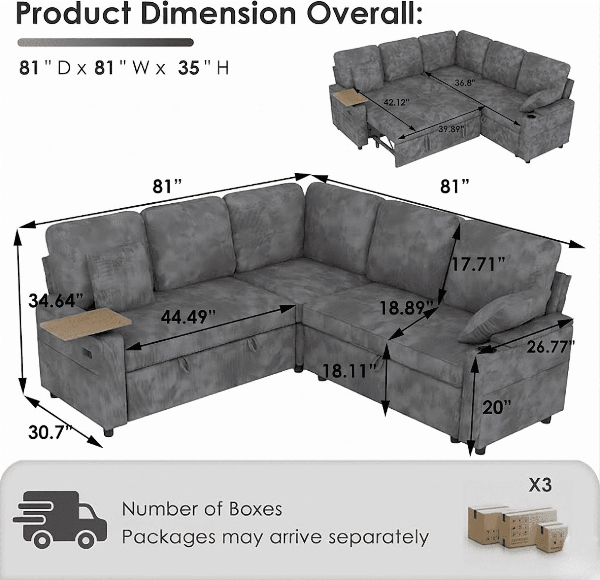 EPOWP 81" Modular Sectional Sleeper Sofa, L Shaped 5-Seater Couch with Pull Out Bed, Large Storage Chaise, USB Charging Ports & Cup Holders, Chenille Sofa Bed for Living Room, Grey