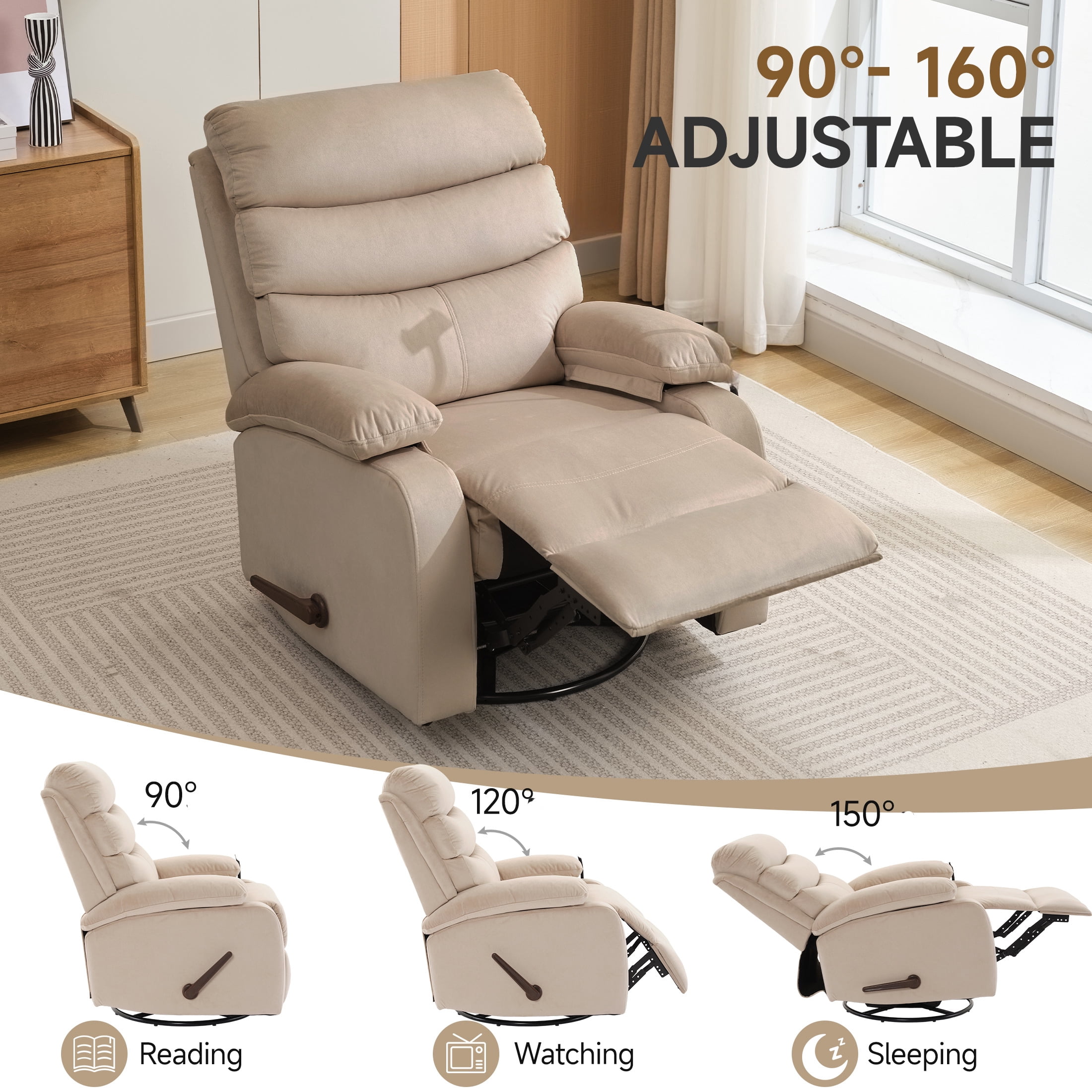 Swivel Rocker Recliner Chair Small Ergonomic Rocker Recliner Chair for Living Room, RV, Nursery, Bedroom, Beige