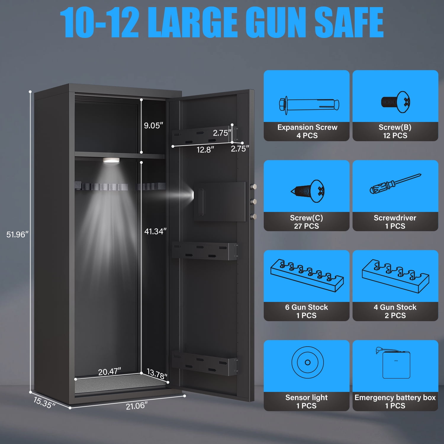 Biometric Fingerprint Gun Safe with LCD Screen and Silent Mode, 10-12 Gun Safe for Long Guns and Shotguns with 3 Magnetic Gun Slots and 3 Metal Storage Box