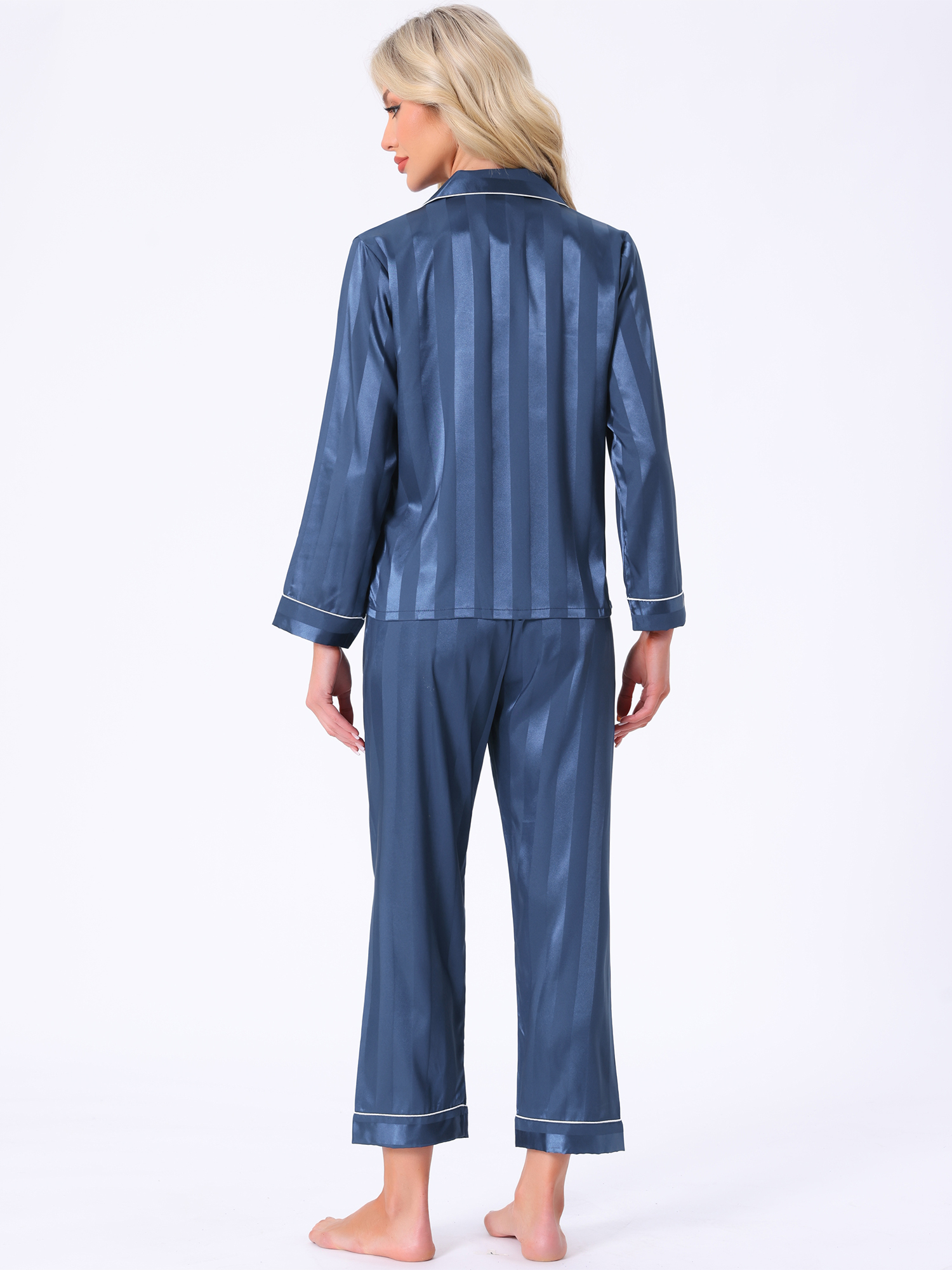 DARING DIVA Women's Satin Stripe Button Down Pajama Sets XS Blue