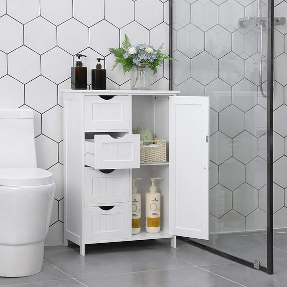 iTopRoad Bathroom Storage Cabinet, Floor Cabinet with an Adjustable Shelf and 4 Drawers, White
