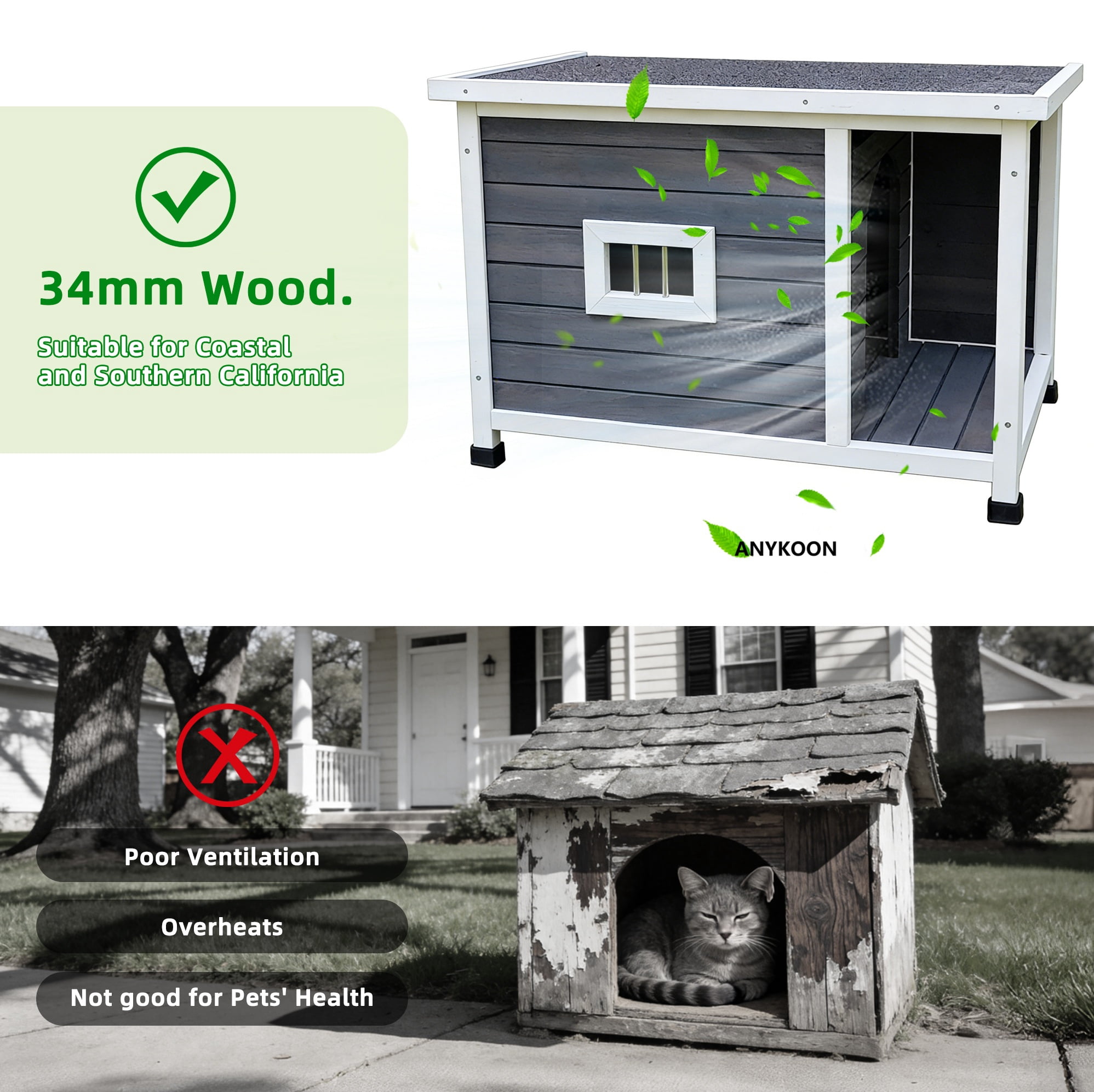 ANYKOON Waterproof Outdoor Cat House - All-Weather Shelter with Ventilated Windows, Sturdy Metal Frame and Easy Clean Roof