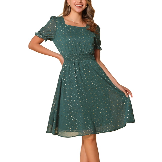 Vestido de Cuello Cuadrado INSPIRE CHIC para Mujeres con Estrellas Metálicas, Manga Corta, Corte A, Cintura Elástica, Midi, Talla S, Verde Oscuro