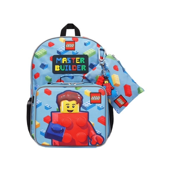 LEGO Boy's 17" "Master Builder" 4-Piece Backpack Set with Lunch Box, Pencil Pouch, & LEGO Keychain