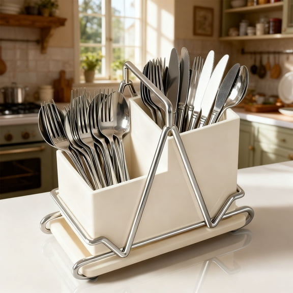 Dual Compartment Kitchen Countertop Organizer, Stainless Steel Cutlery Holder with Drain Tray, Cream White Triangle Design Utensil Organizer for Forks Knives Spoons