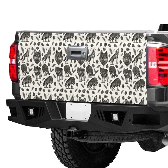 Wolf Tailgate Wrap – Vintage Forest Wolf Pattern Truck Tailgate Decal, Rustic Woodland Animal Pickup Tailgate Graphic, Wildlife Truck Wrap