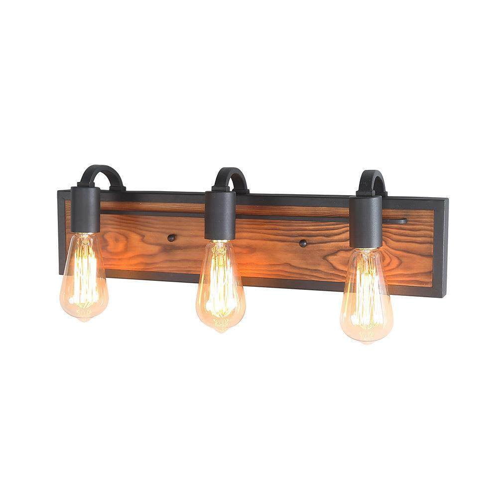 LNC 3-Light Black and Brown Wood Dimmable LED Vanity Light