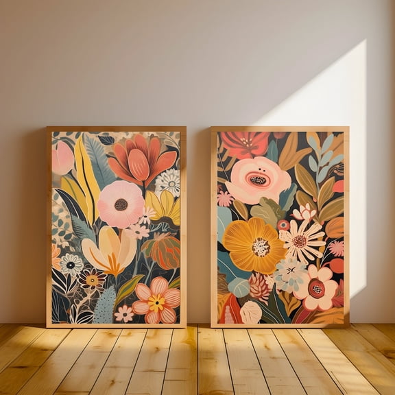 Mid Century Boho Bouquet Flowers Artful Botanical Wall Art Set 2 Unframed Paper Print 8x12