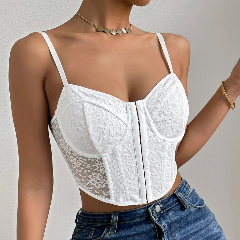 qolati Corset Tops for Womens Sexy Lace Front Buckle Bustier Y2k Spaghetti  Strap Criss Cross Cami Crop Top 