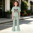 thumbnail image 5 of UACY Girls Fashion Clothes Leopard Bow 2 Piece Outfits Kids Cute Clothing Sets Short Sleeve T Shirt Matching Flare Pants Set (Green, 4-5 Years), 5 of 5