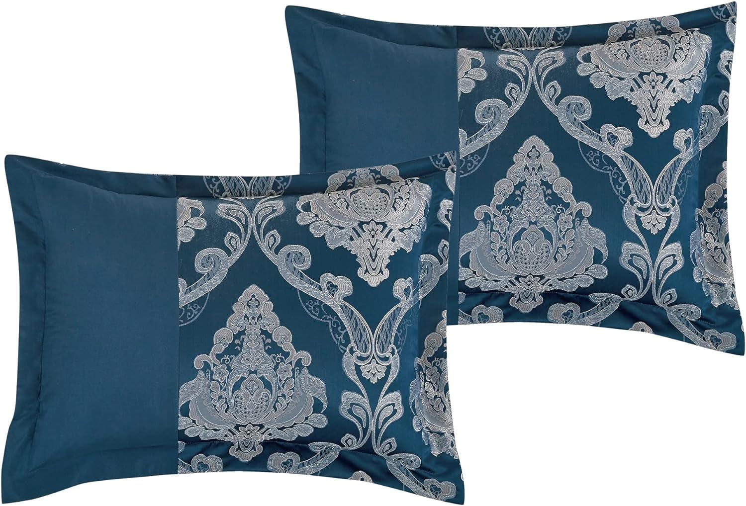 ESCA 7-Pieces Blue and Silver Comforter Set - Queen Size, Medallion Embroidery, Clip Jacquard Design Bedding Set