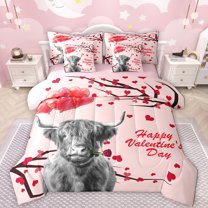 Manfei Happy Valentines Day 7pcs Bedding Comforter Set,Gray Highland Cow Queen Bedding Sets,Red Loves Pattern Queen Sheet Sets For Adults,Microfiber Bedroom Decor Reversible