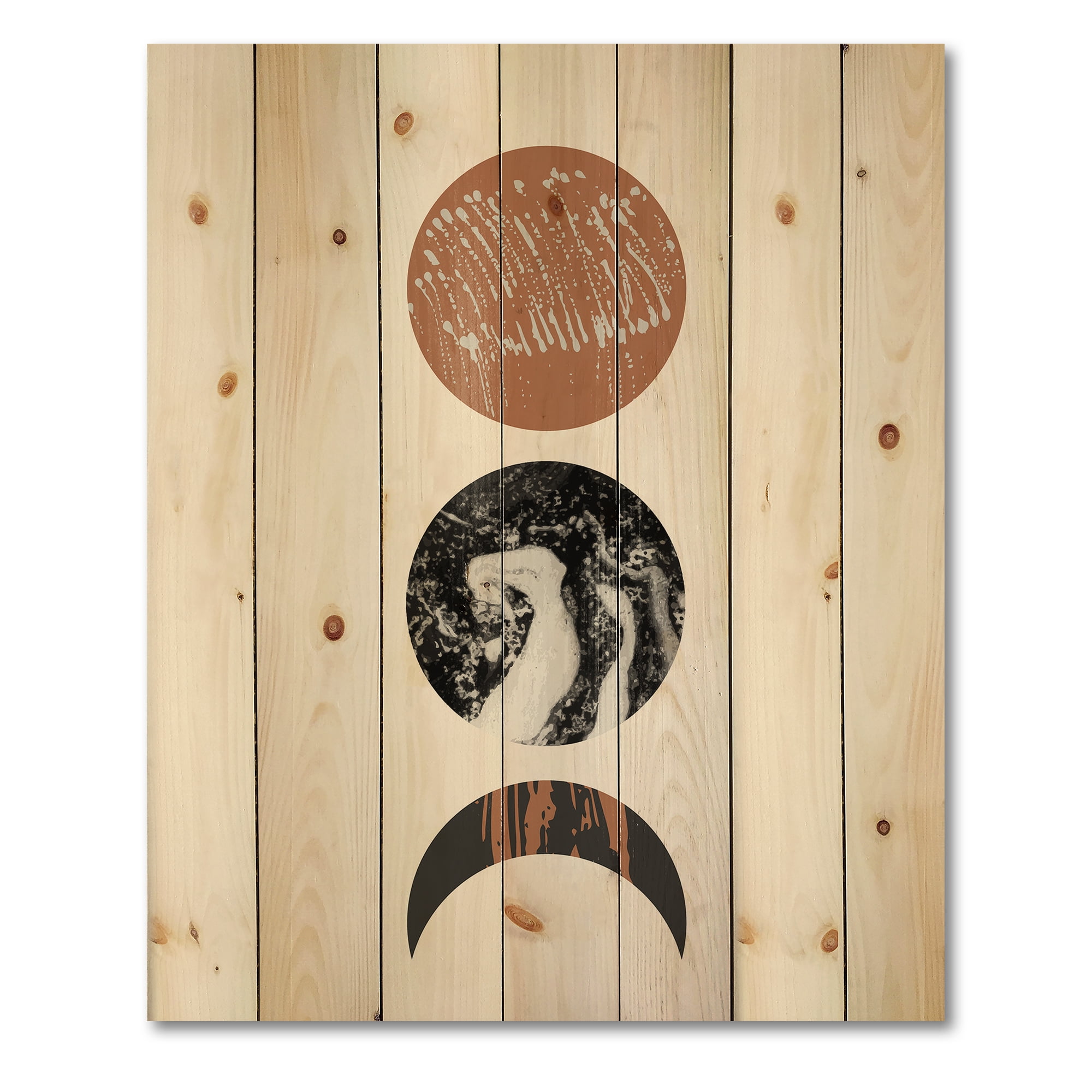 Designart 'Retro Shapes Abstract Moons and Suns' Modern Print on Natural Pine Wood