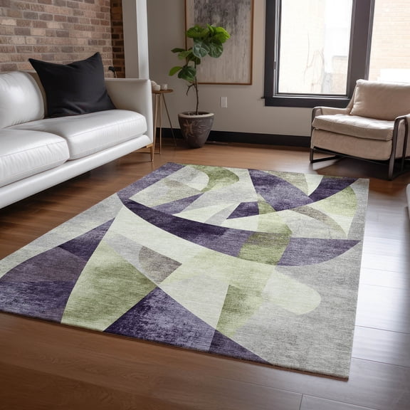 HomeRoots 622265 5 x 8 ft. Purple & Olive Green Abstract Washable Transitional Indoor & Outdoor Rectangle Area Rug