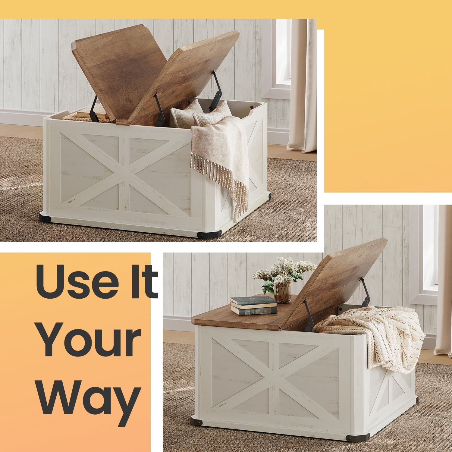 LEDREM Farmhouse Square Coffee Table with Flip-Top Storage, 31.5" Rustic Center Table for Living Room, Honey Brown and White
