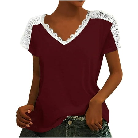 qILAKOG Womens Tops Casual V Neck Short Sleeve Solid Color Basic Lace T Shirt Yoga Shirts Summer Tops Dressy Trendy Loose Fit Running Athletic Workout Shirts Pullover Plus Size S-XL Tops for Leggings
